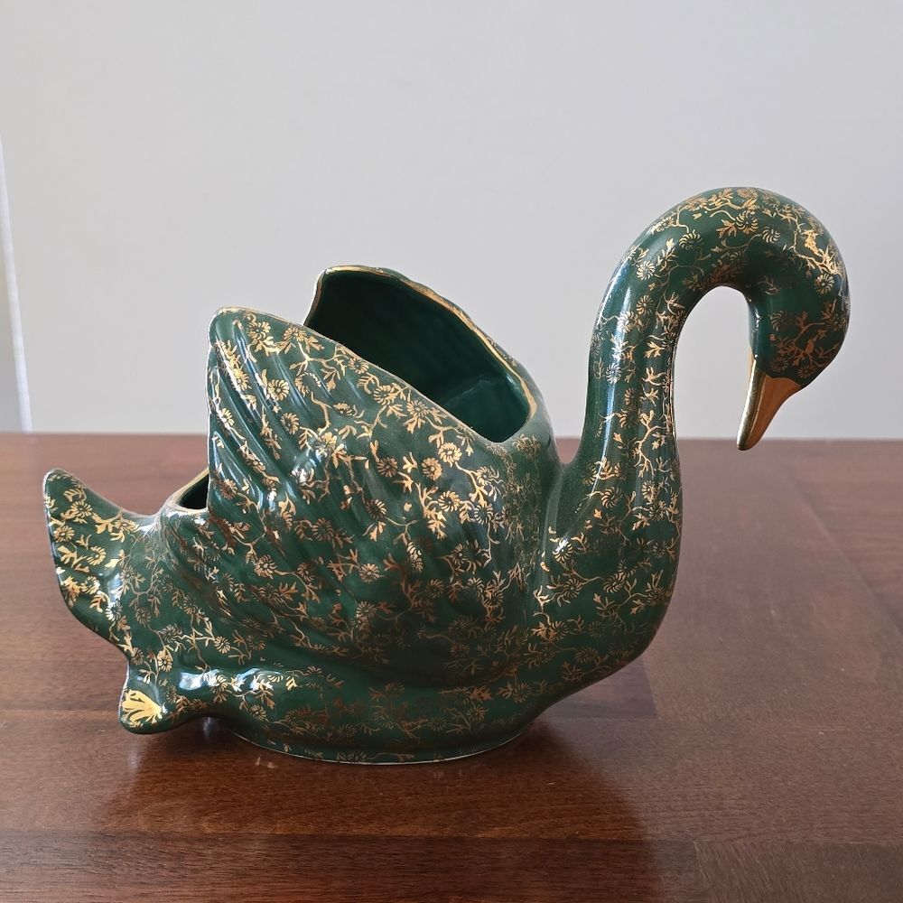 Vintage Green and Gold Ceramic Swan Fugurine Planter  Home‎ Decor